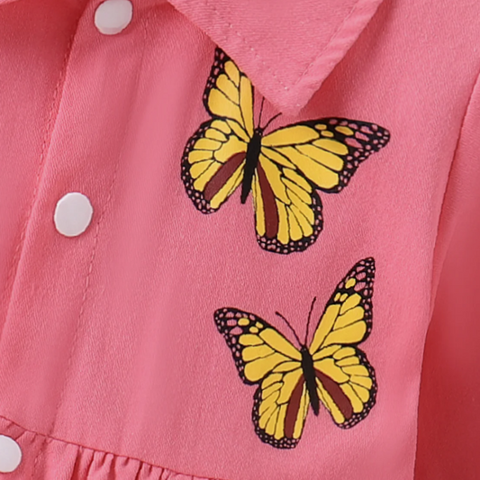 100% Cotton Baby Girl Butterfly Graphic Floral Embroidered Button Up Coat