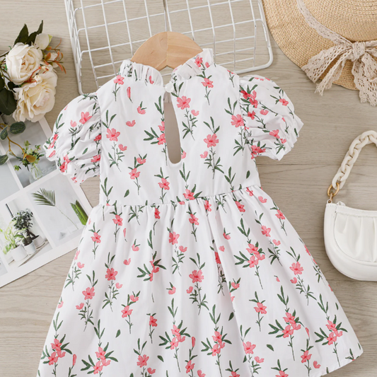Baby Girl 100% Cotton Allover Floral Print Puff-sleeve Dress